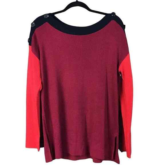 Vince Camuto Women’s Medium Red Black Colorblock Button Shoulder Sweater NWOT - Picture 9 of 16